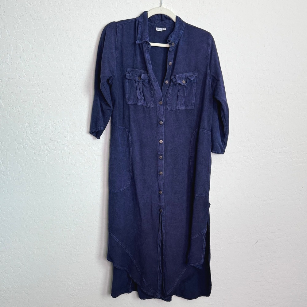 Unbranded Women 100% Rayon Shirt Dress L/XL Navy Blue Boho Pockets Tie Lagenlook